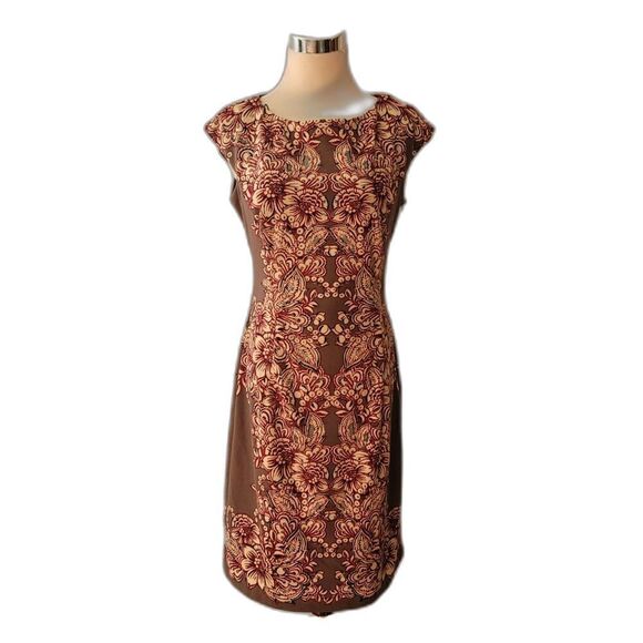 Maggy London Brown Floral Sheath Dress Size 10 - Picture 1 of 7